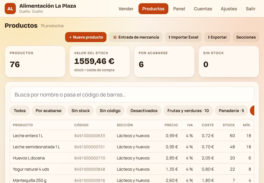 Productos con su stock, coste e IVA