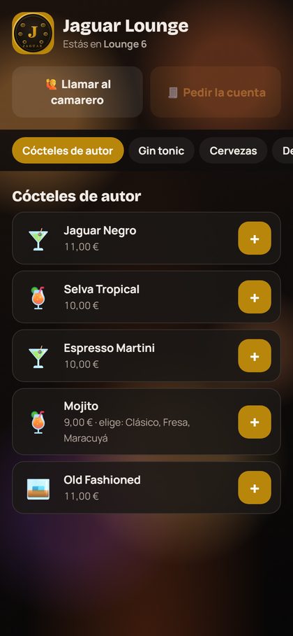 Carta en el móvil del cliente tras escanear el QR